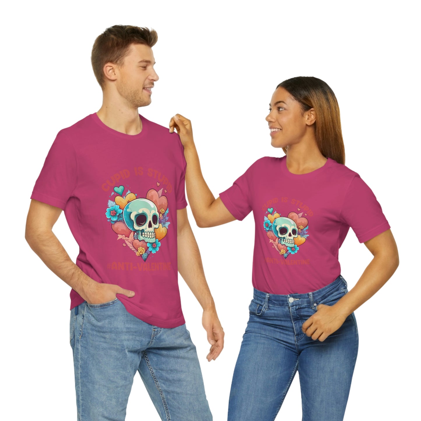 Stupid Cupid #Anti-Valentine Skull With Hearts & Flowers Unisex Jersey Short Sleeve Tee