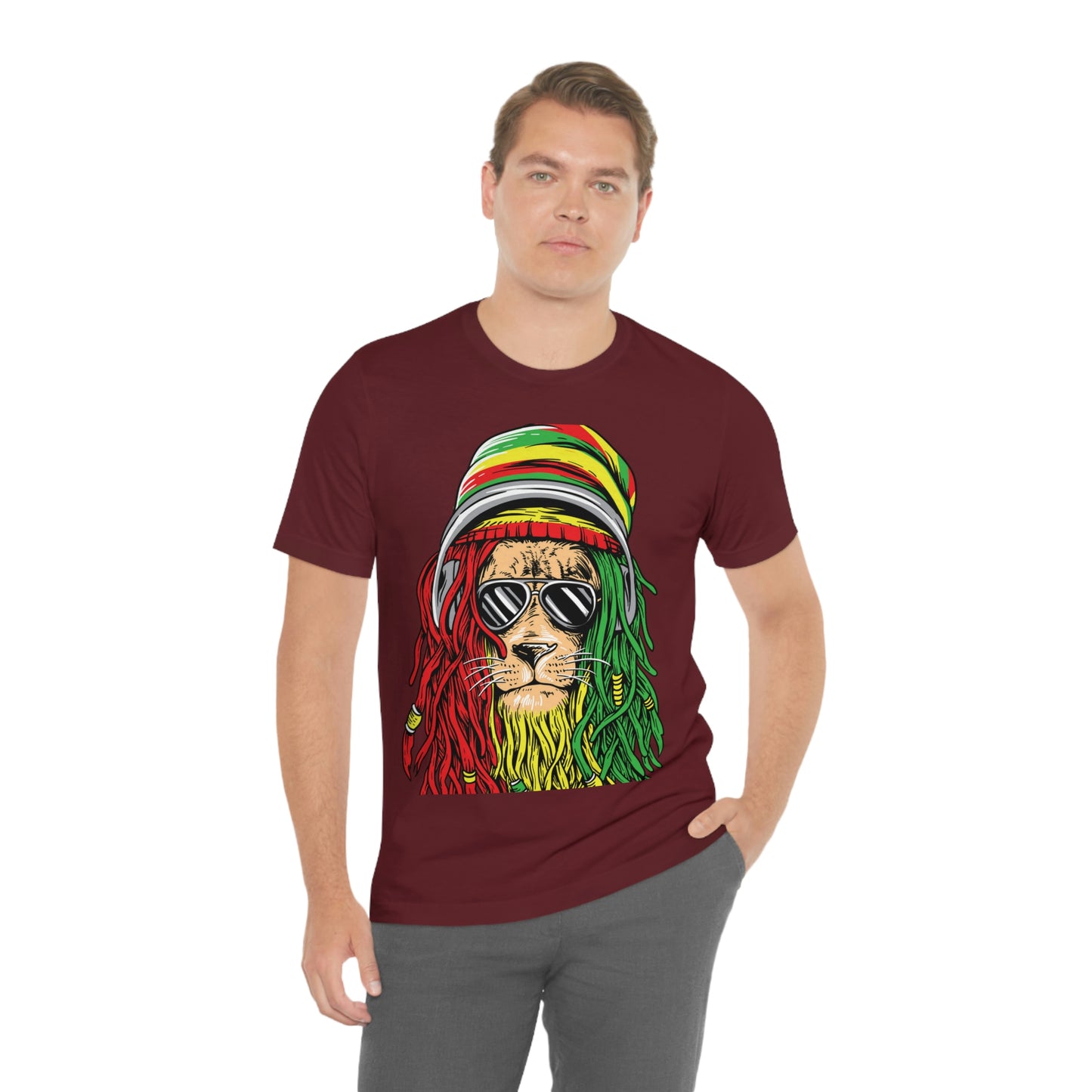 Reggae Lion With Dread locks with Hat, Unisex Jersey Short Sleeve Tee