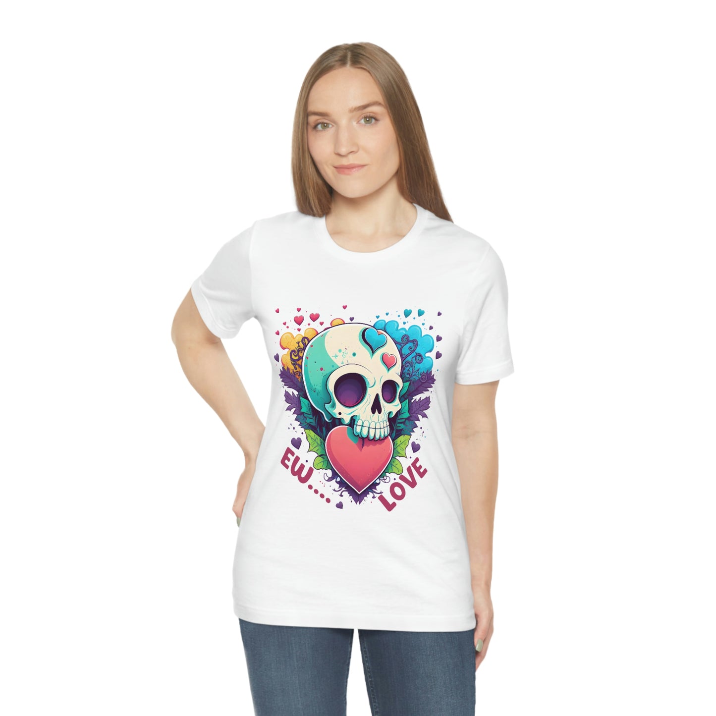 Ew Love Valentine Skull  With Pink And Blue Hearts Unisex Jersey Short Sleeve Tee