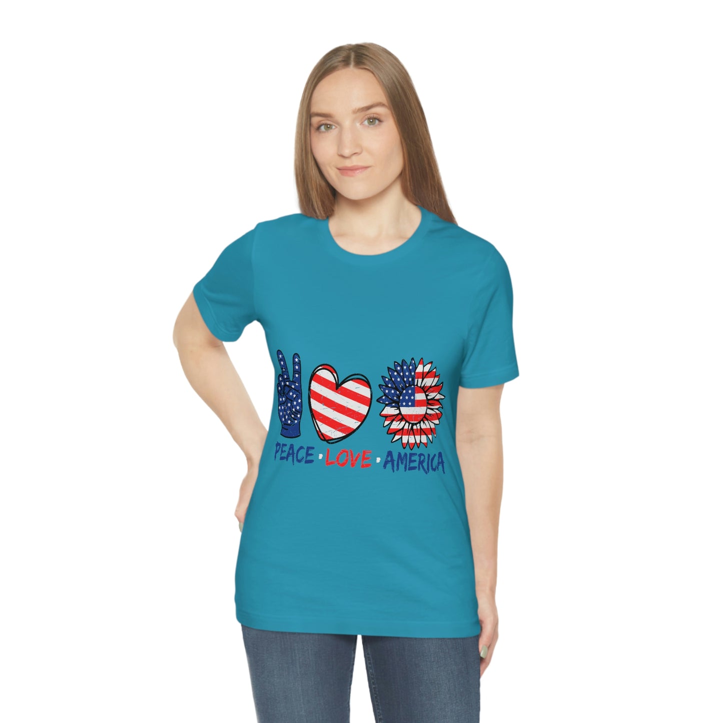 Peace Fingers , Love Heart , America Flag Design Unisex Jersey Short Sleeve Tee