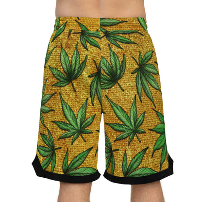 Gold And Green Marijuana Pot Weed Leaf With Gold Background 420 Basketball Rib Shorts (AOP)