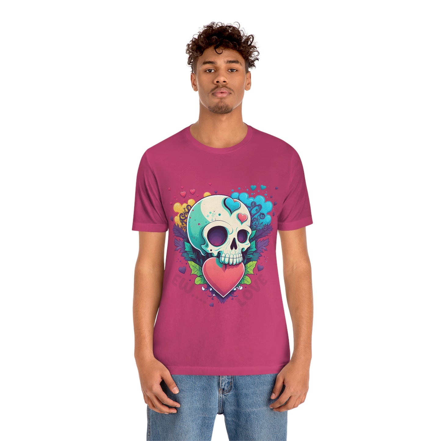 Ew Love Valentine Skull  With Pink And Blue Hearts Unisex Jersey Short Sleeve Tee