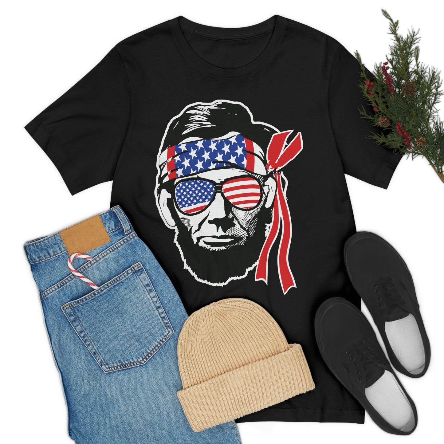 Independence Day Groovy Flag Glasses Well Known Face with Flag Bandana Unisex Jersey Short Sleeve Tee