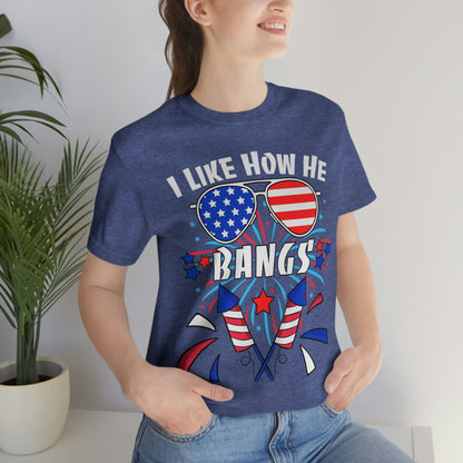 I Like How He Bangs American Flag, Fourth Of July 4th , American Flag Glasses Unisex Jersey Short Sleeve Tee