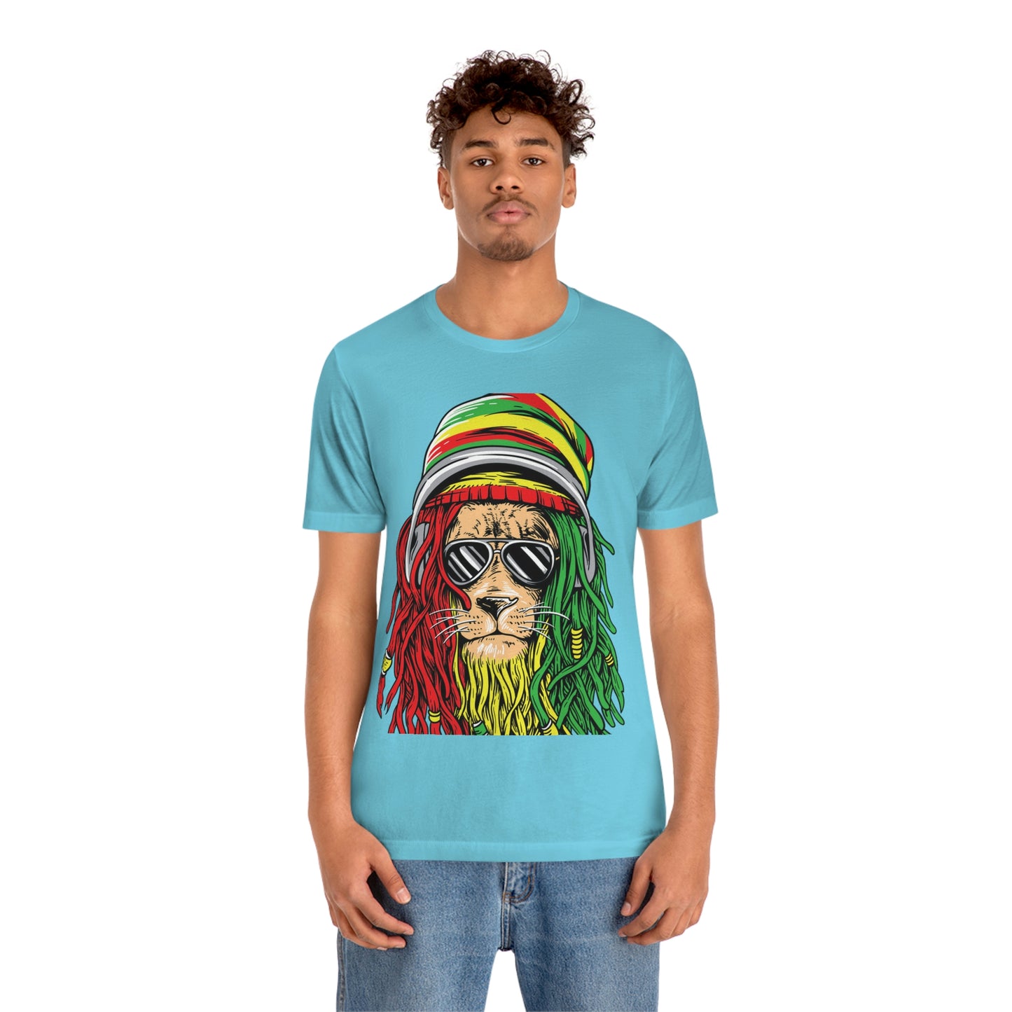 Reggae Lion With Dread locks with Hat, Unisex Jersey Short Sleeve Tee