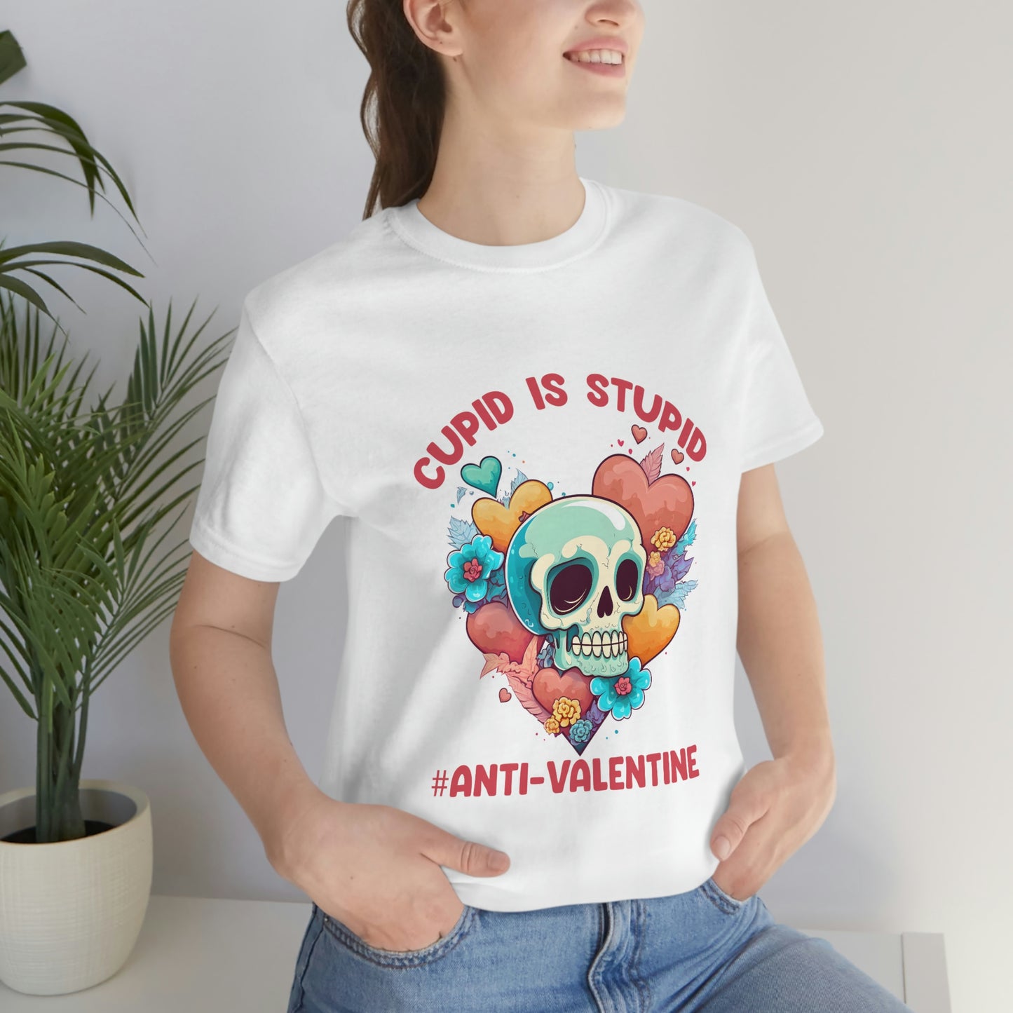 Stupid Cupid #Anti-Valentine Skull With Hearts & Flowers Unisex Jersey Short Sleeve Tee