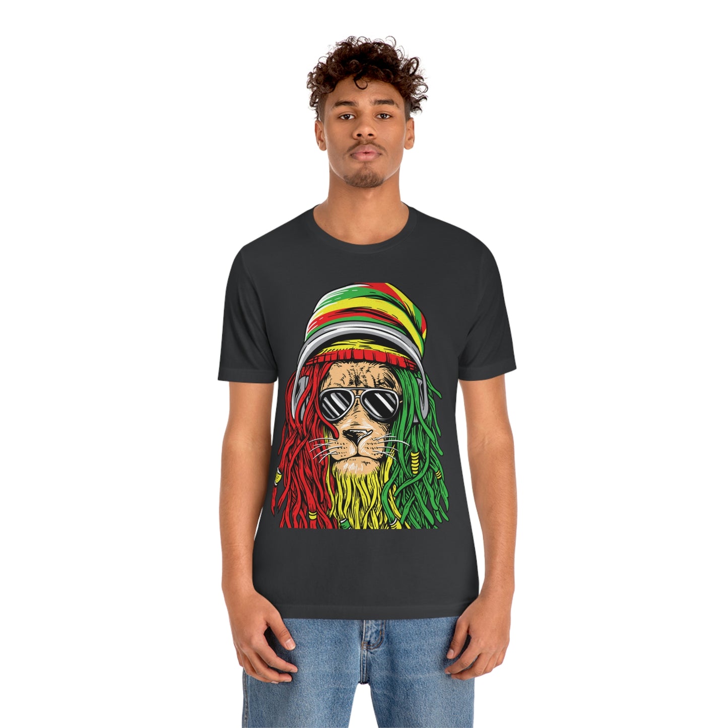 Reggae Lion With Dread locks with Hat, Unisex Jersey Short Sleeve Tee