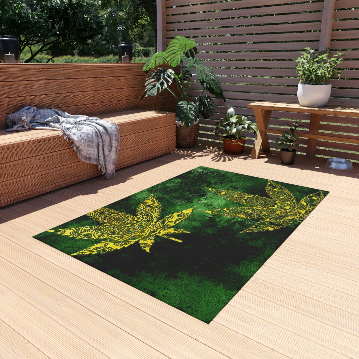 Gorgeous Designed Gold Leaf With multigreen Background Marijuana Pot Weed 420 Outdoor Rug