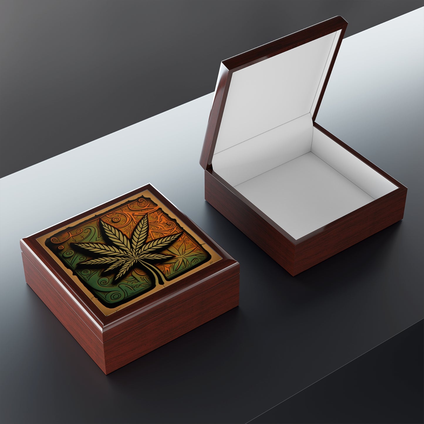 Marijuana Leaf Multi Blue and Green Collage Jewelry Box