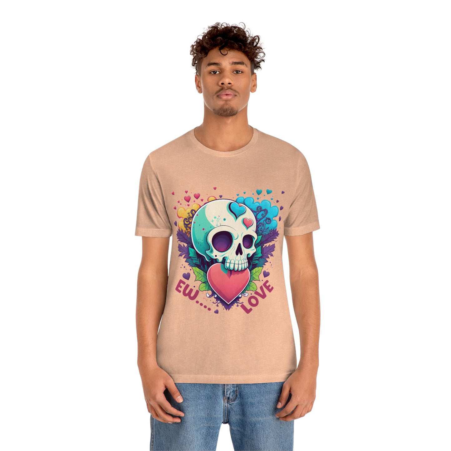 Ew Love Valentine Skull  With Pink And Blue Hearts Unisex Jersey Short Sleeve Tee