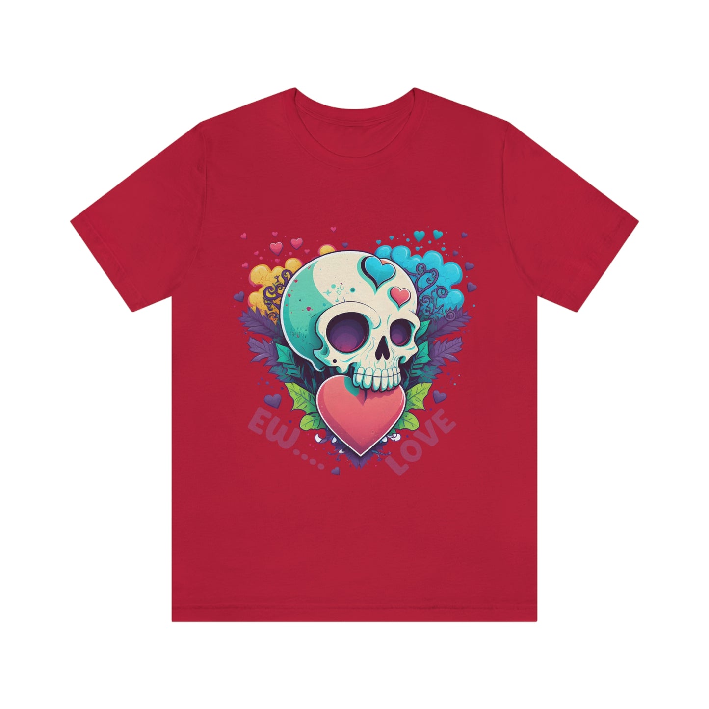 Ew Love Valentine Skull  With Pink And Blue Hearts Unisex Jersey Short Sleeve Tee