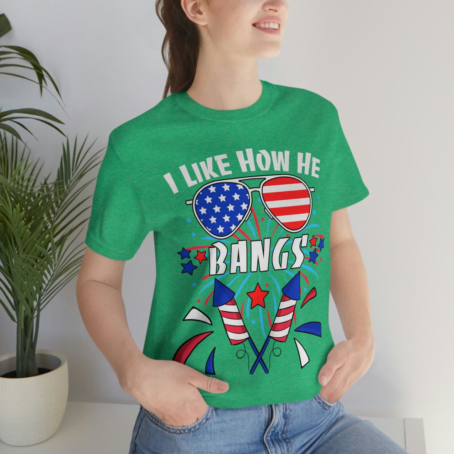 I Like How He Bangs American Flag, Fourth Of July 4th , American Flag Glasses Unisex Jersey Short Sleeve Tee