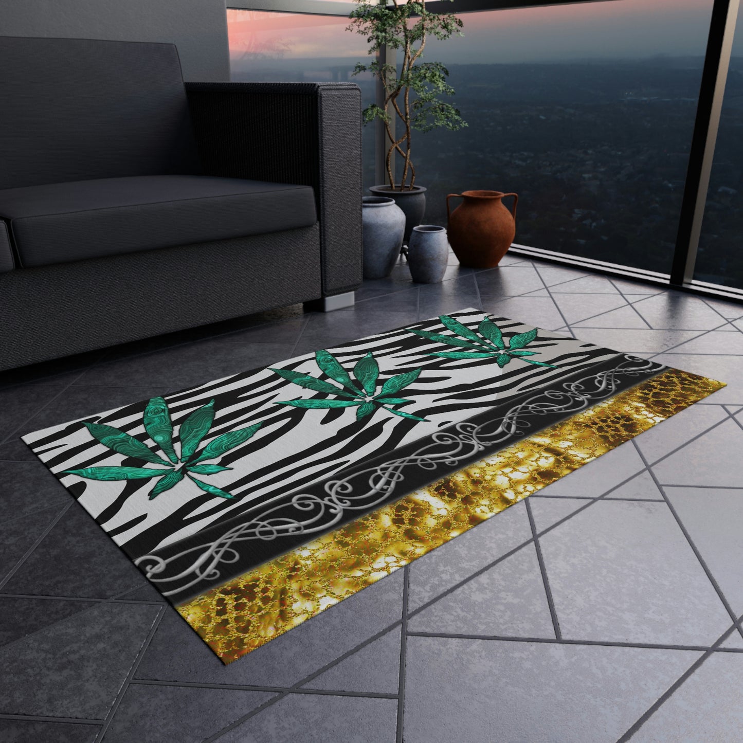 Gold And Zebra White And Black Marijuana Pot Weed Leaf 420 Weed Pot Marijuana Leaf Outdoor Rug