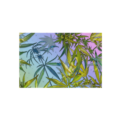 Pinkish Purple And Blue Beautiful Background With Marijuana Pot Weed 420 With Green Leaves Background Outdoor Rug