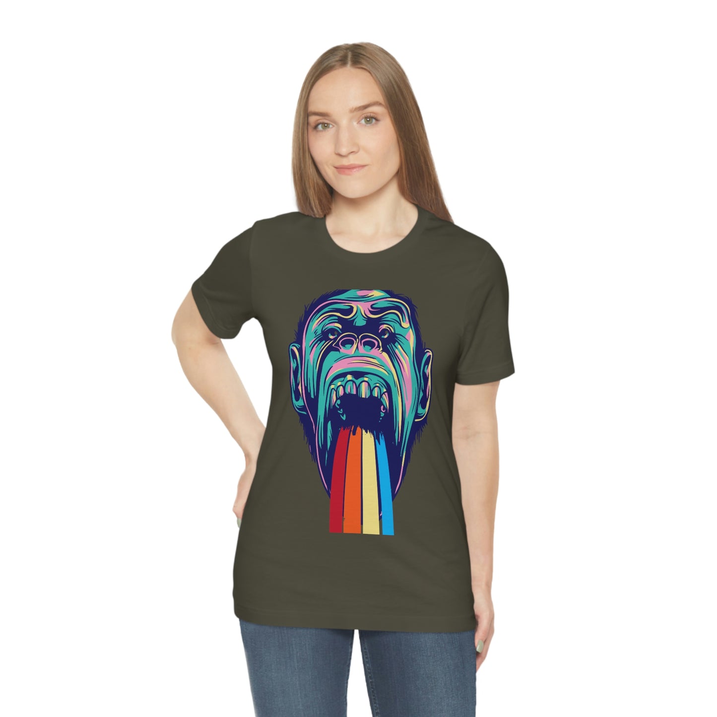 Color Ape Pouring flowing Rainbow Out His Mouth, Unisex Jersey Short Sleeve Tee