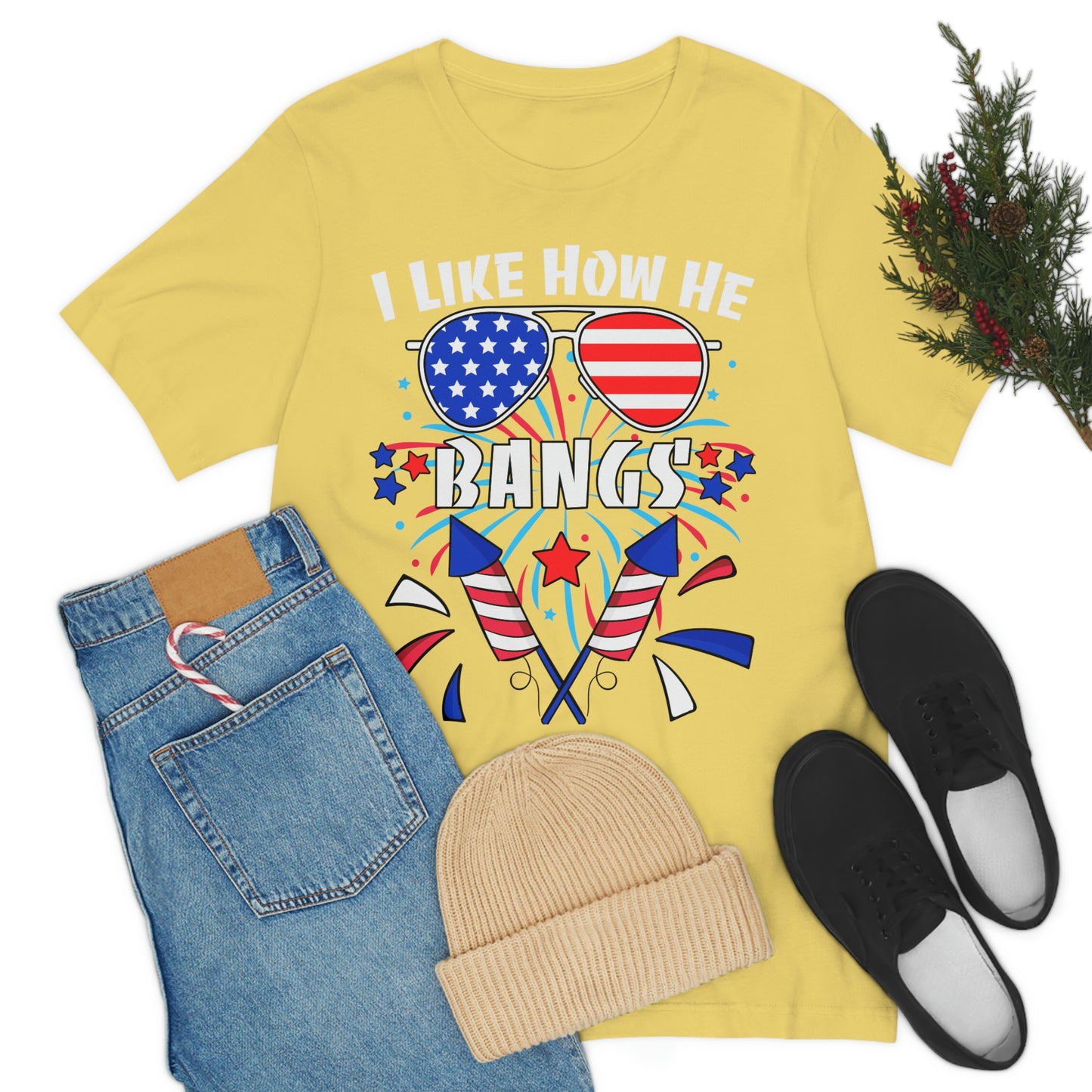 I Like How He Bangs American Flag, Fourth Of July 4th , American Flag Glasses Unisex Jersey Short Sleeve Tee