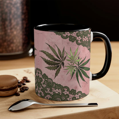 Grey Lace Gorgeous Pink Beautiful Multicolored Pot, Weed, Marijuana Leaf Accent Coffee Mug, 11oz