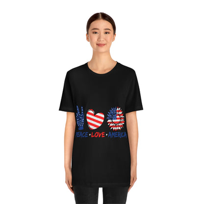 Peace Fingers , Love Heart , America Flag Design Unisex Jersey Short Sleeve Tee