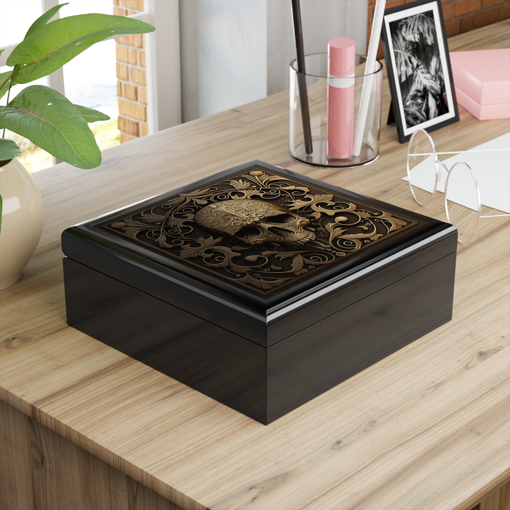 Detailed Silver Metal Style Grey And Rustic Black Background , Gothic Skull Jewelry Box Jewelry Box