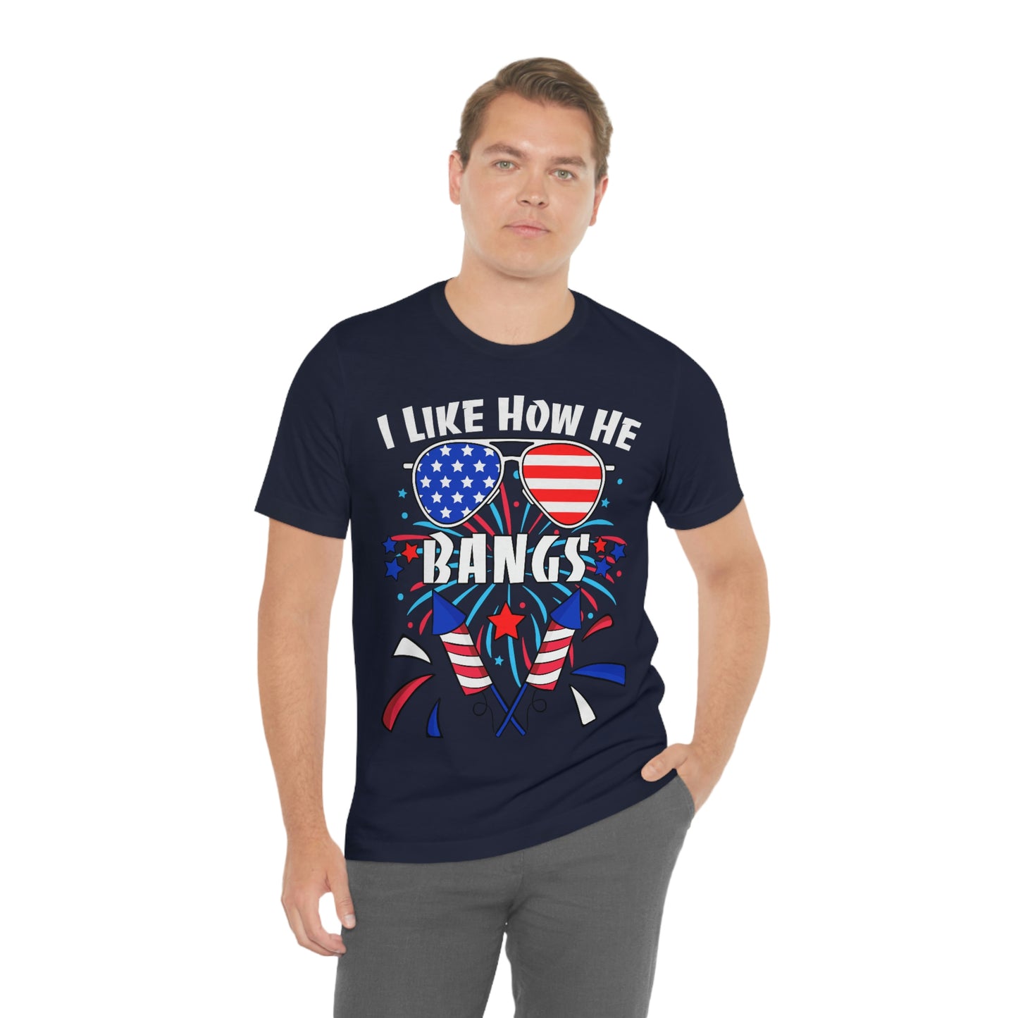 I Like How He Bangs American Flag, Fourth Of July 4th , American Flag Glasses Unisex Jersey Short Sleeve Tee