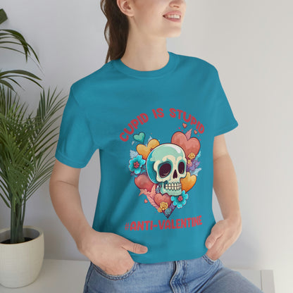 Stupid Cupid #Anti-Valentine Skull With Hearts & Flowers Unisex Jersey Short Sleeve Tee