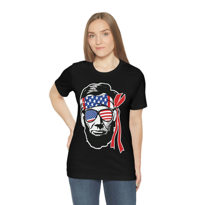 Independence Day Groovy Flag Glasses Well Known Face with Flag Bandana Unisex Jersey Short Sleeve Tee