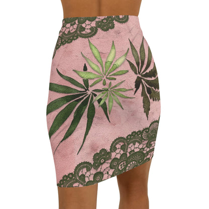 Grey Lace Gorgeous Pink Designed Marijuana 420 Weed Leaf Women's Mini Skirt (AOP)