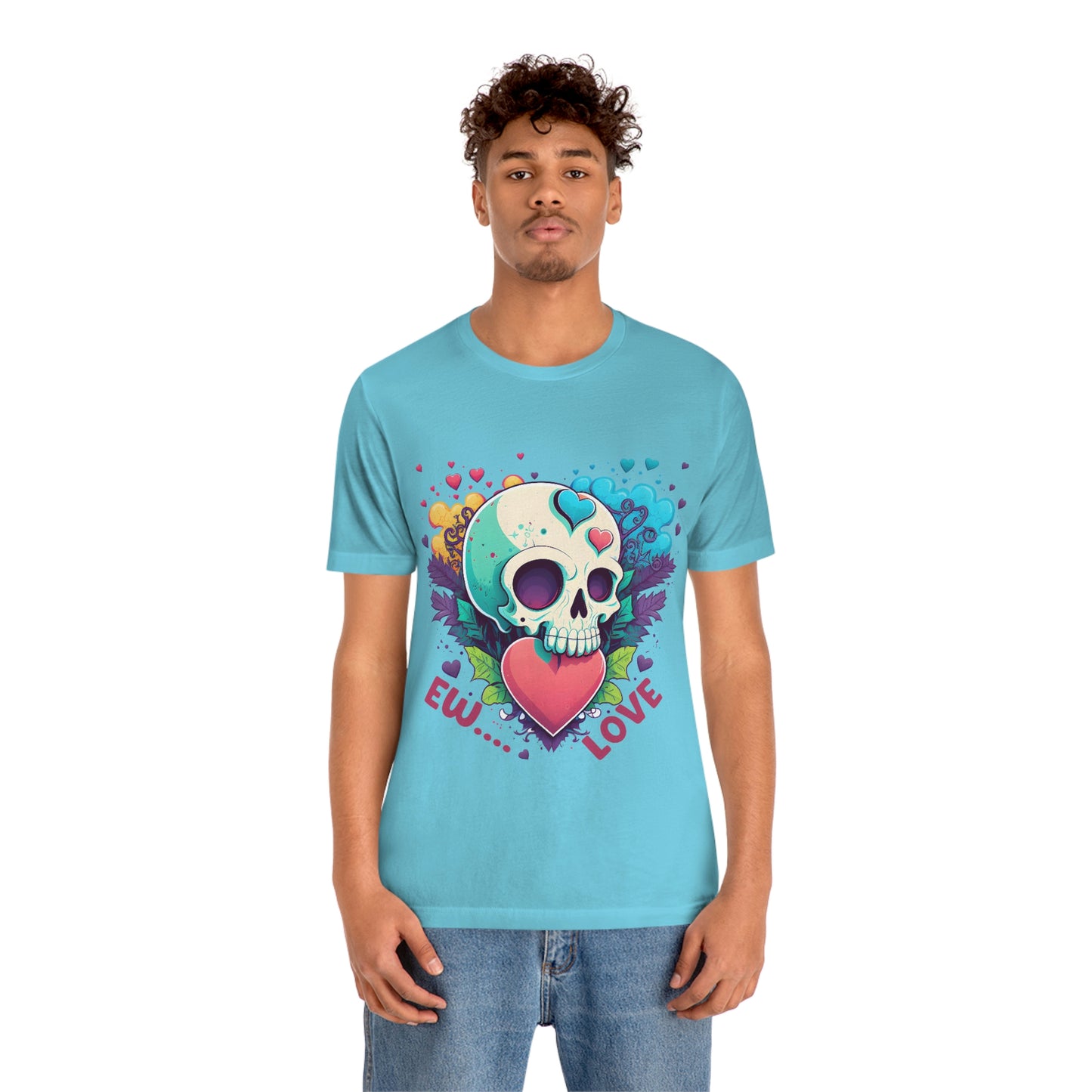 Ew Love Valentine Skull  With Pink And Blue Hearts Unisex Jersey Short Sleeve Tee