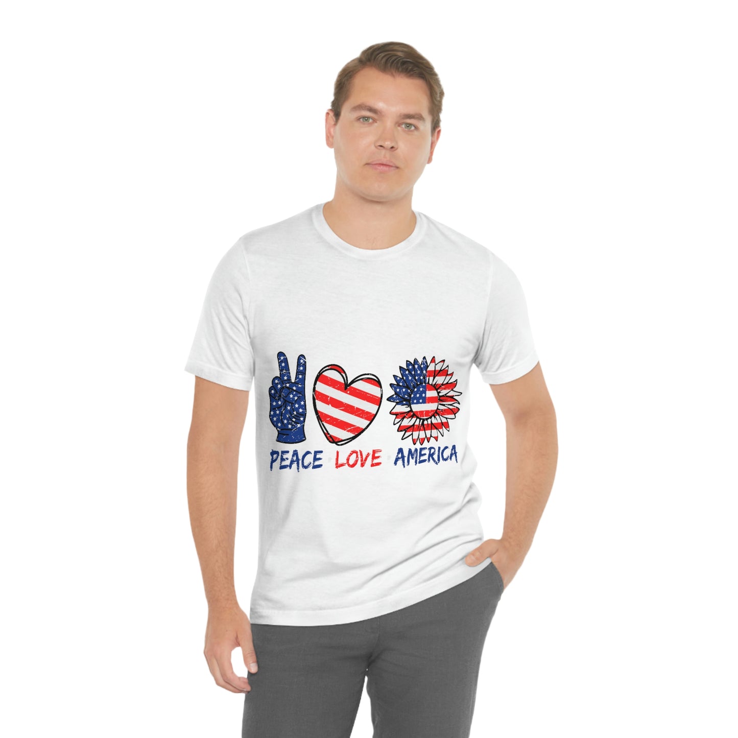 Peace Fingers , Love Heart , America Flag Design Unisex Jersey Short Sleeve Tee