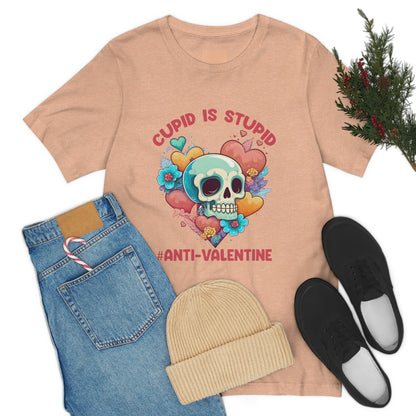 Stupid Cupid #Anti-Valentine Skull With Hearts & Flowers Unisex Jersey Short Sleeve Tee