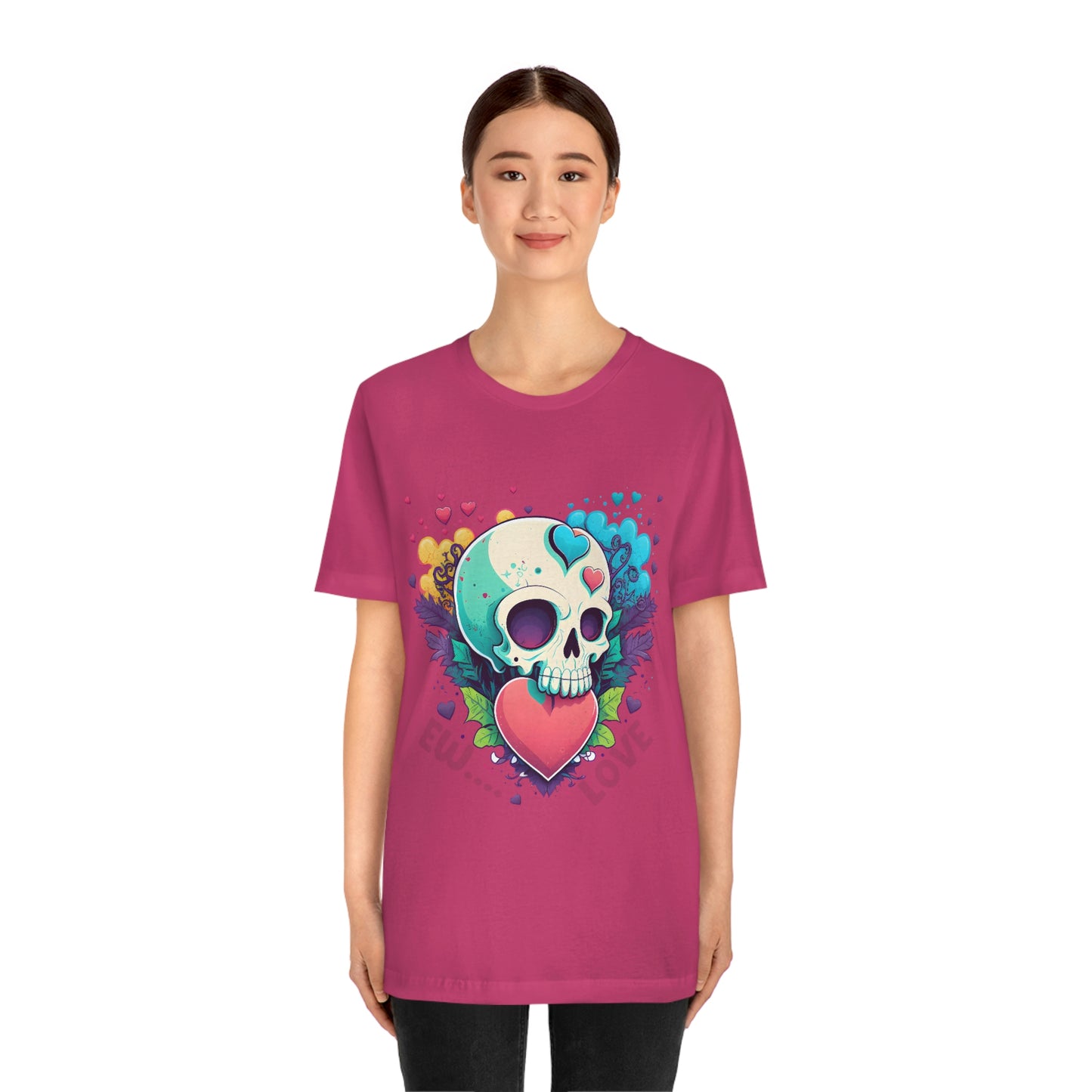 Ew Love Valentine Skull  With Pink And Blue Hearts Unisex Jersey Short Sleeve Tee