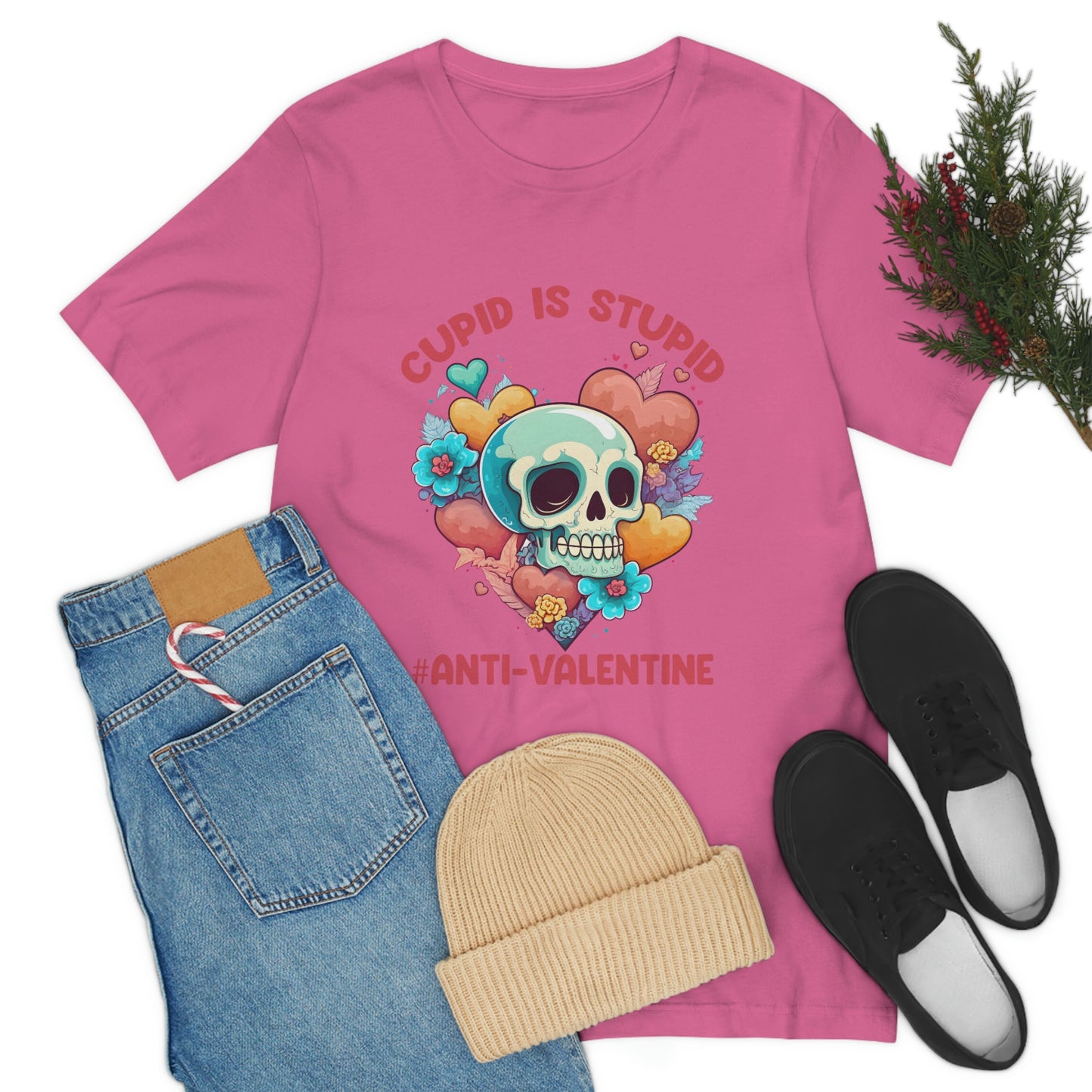 Stupid Cupid #Anti-Valentine Skull With Hearts & Flowers Unisex Jersey Short Sleeve Tee