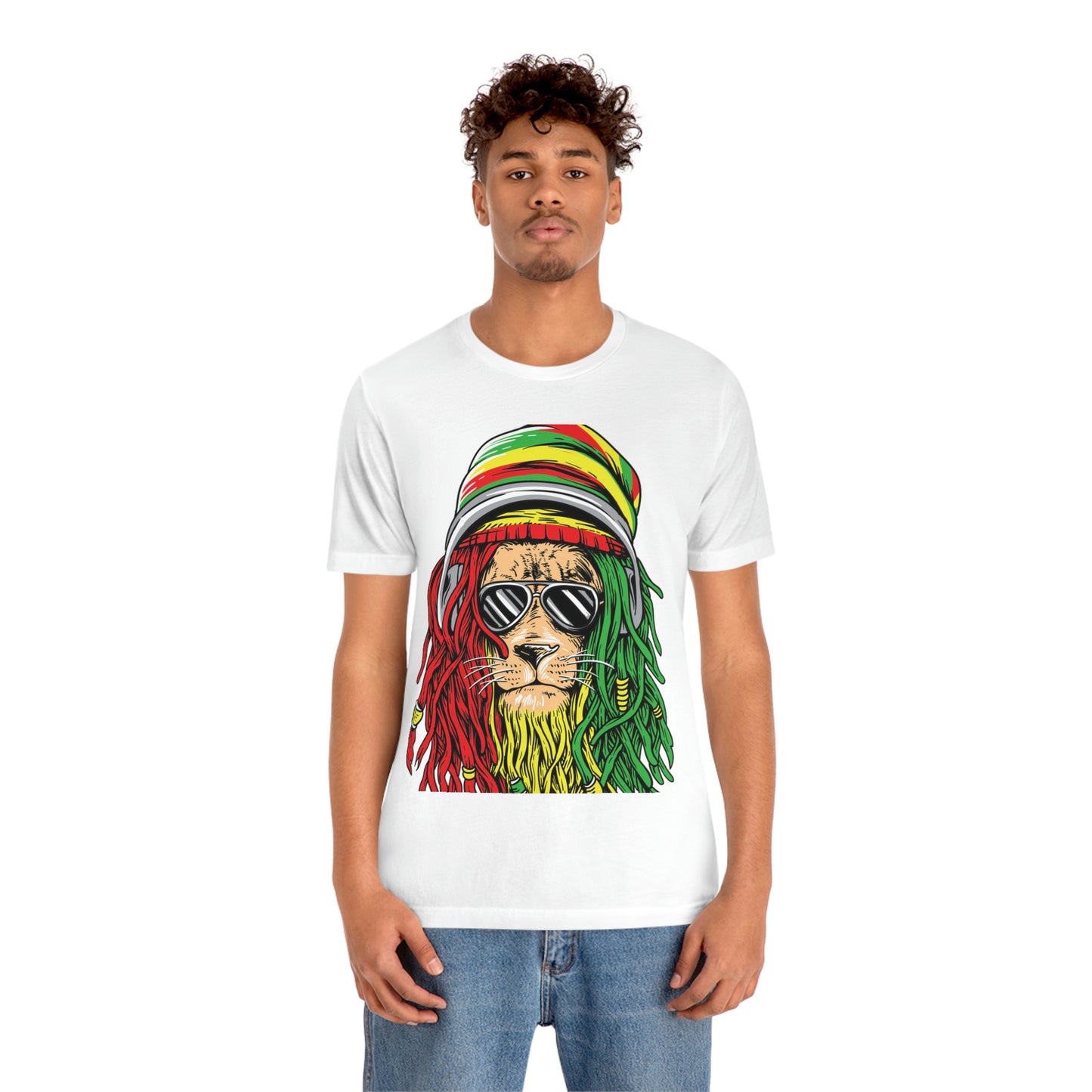 Reggae Lion With Dread locks with Hat, Unisex Jersey Short Sleeve Tee