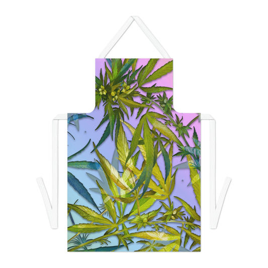 Pinkish Purple And Blue Beautiful Background With Marijuana Pot Weed 420 With Green Leaves Background Adult Apron