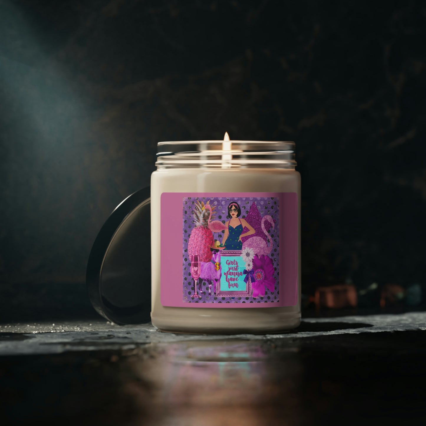 Purple And Purle, Collage flamingo Llama Pineapple Roses And More Scented Soy Candle, 9oz