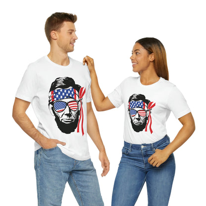 Independence Day Groovy Flag Glasses Well Known Face with Flag Bandana Unisex Jersey Short Sleeve Tee