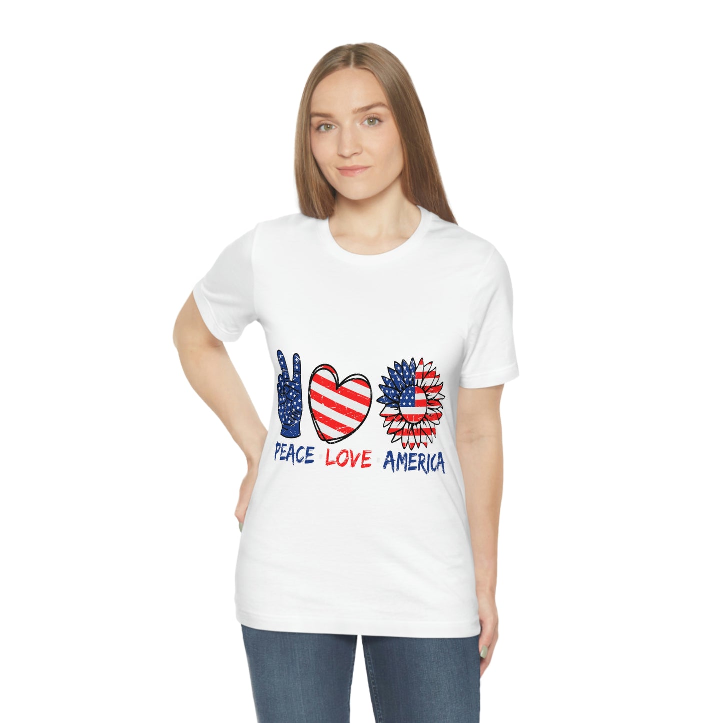 Peace Fingers , Love Heart , America Flag Design Unisex Jersey Short Sleeve Tee