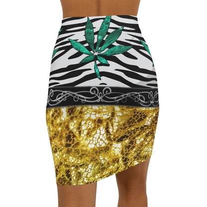 Gold And Zebra White And Black Marijuana Pot Weed Leaf 420 Leaf Women's Mini Skirt (AOP)