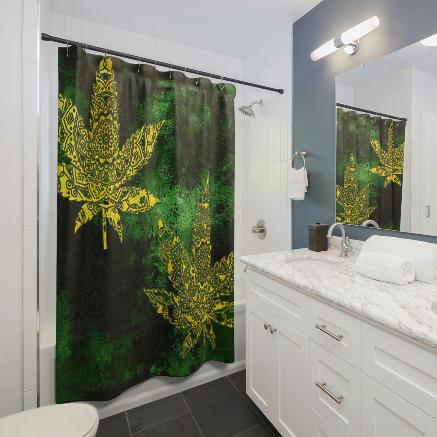 Gorgeous Designed Gold Leaf With multigreen Background Marijuana Pot Weed 420 Shower Curtains