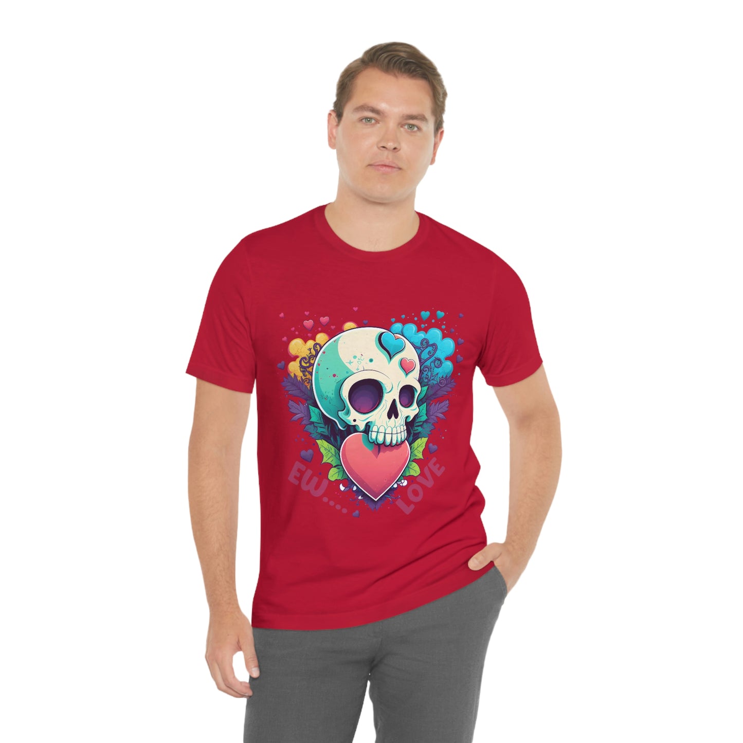 Ew Love Valentine Skull  With Pink And Blue Hearts Unisex Jersey Short Sleeve Tee