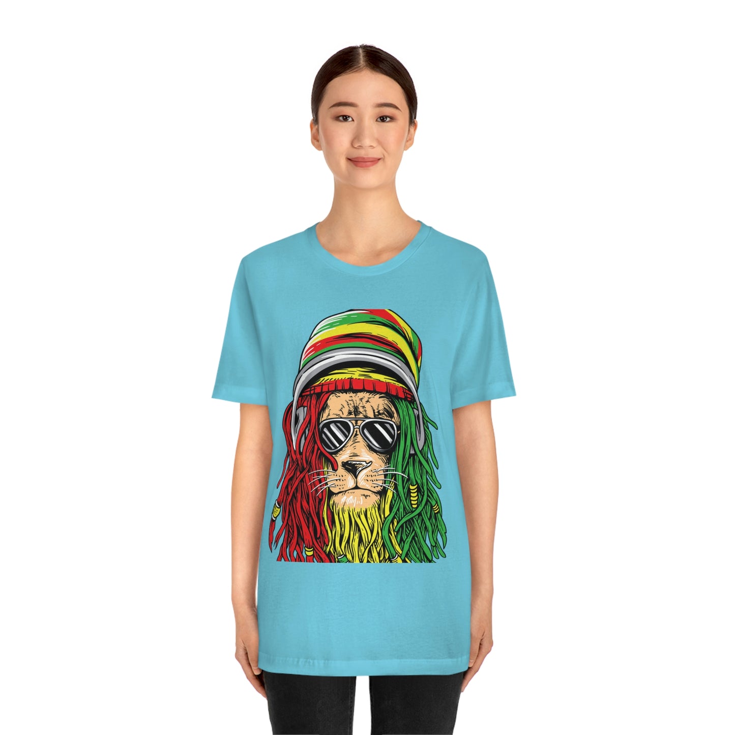 Reggae Lion With Dread locks with Hat, Unisex Jersey Short Sleeve Tee