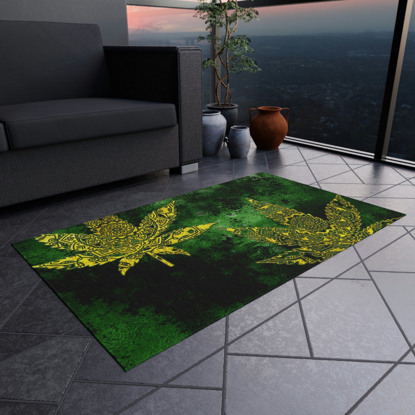 Gorgeous Designed Gold Leaf With multigreen Background Marijuana Pot Weed 420 Outdoor Rug