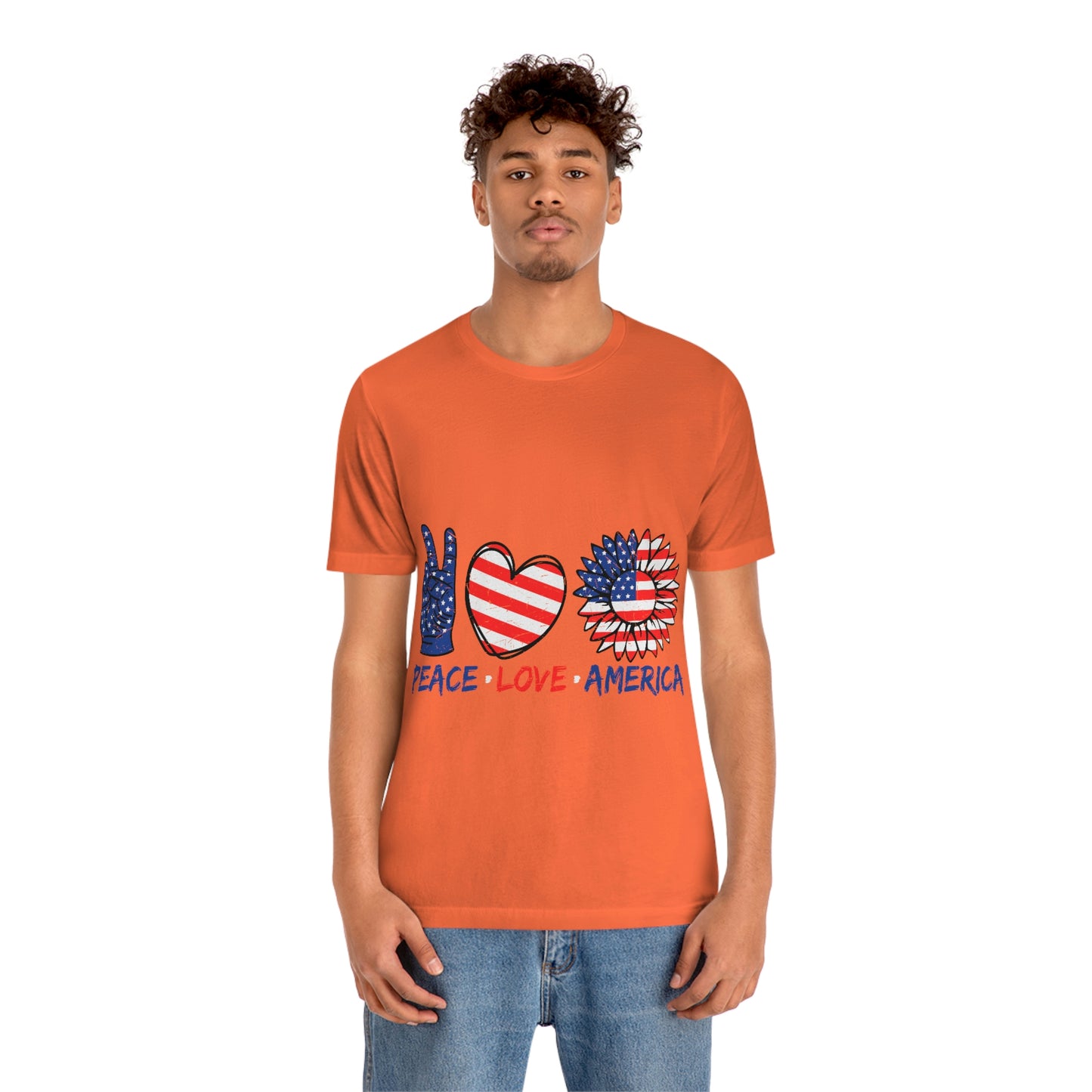 Peace Fingers , Love Heart , America Flag Design Unisex Jersey Short Sleeve Tee