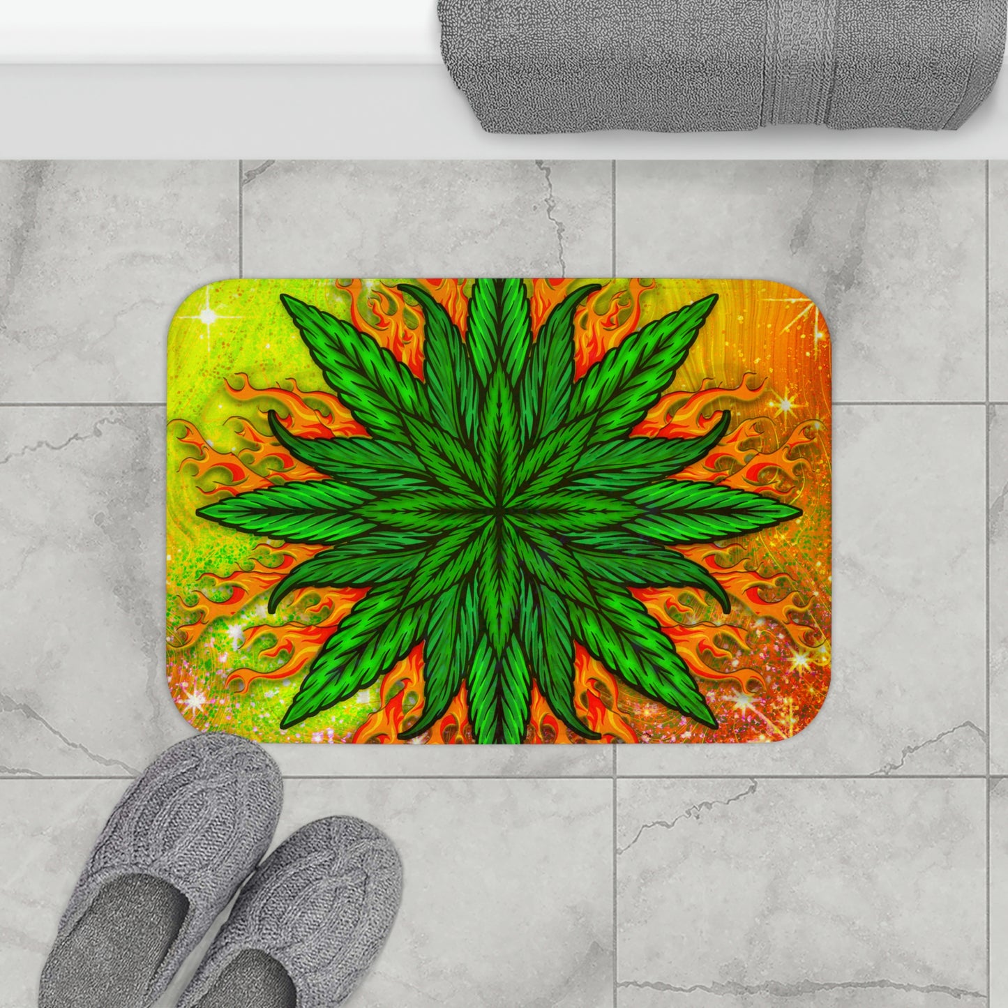 Pot Leaf Collage With Yellow Orange Background With Marijuana Pot Weed 420 Bathmat