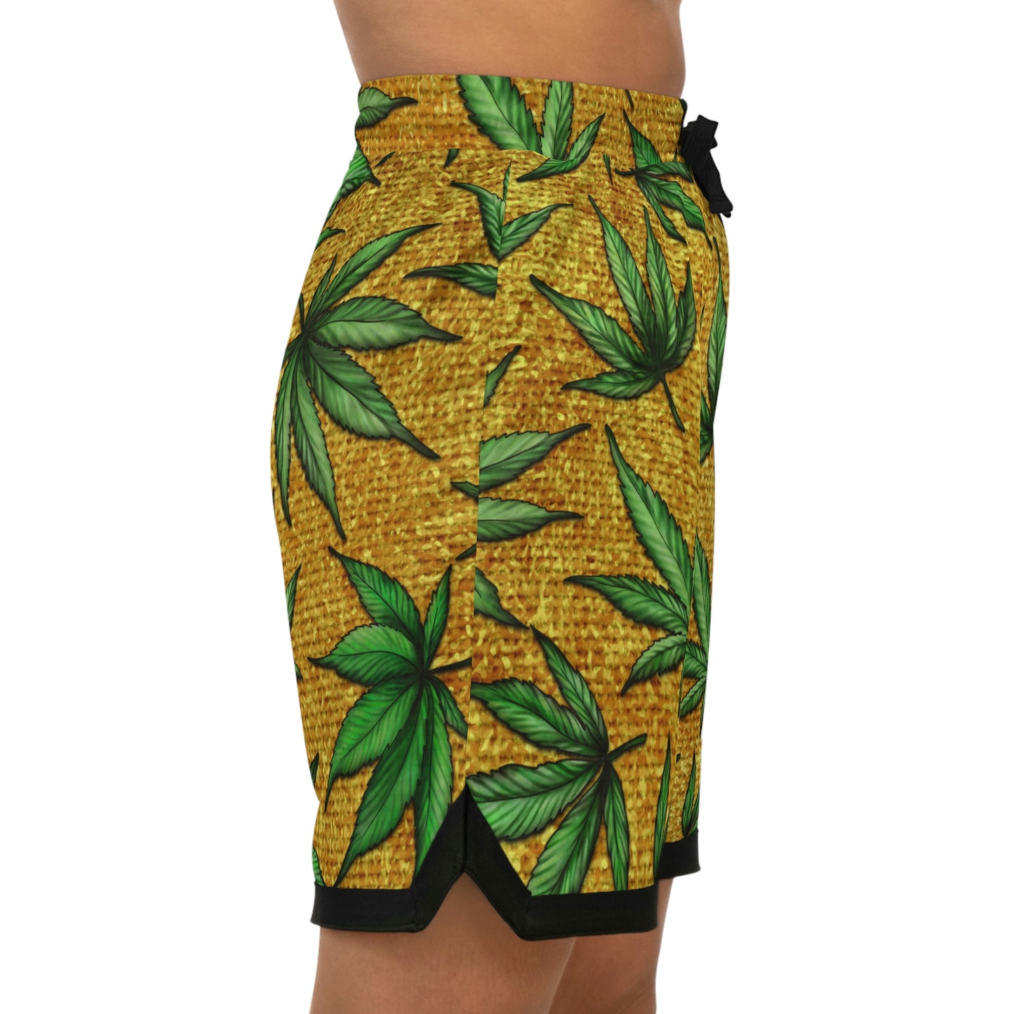 Gold And Green Marijuana Pot Weed Leaf With Gold Background 420 Basketball Rib Shorts (AOP)