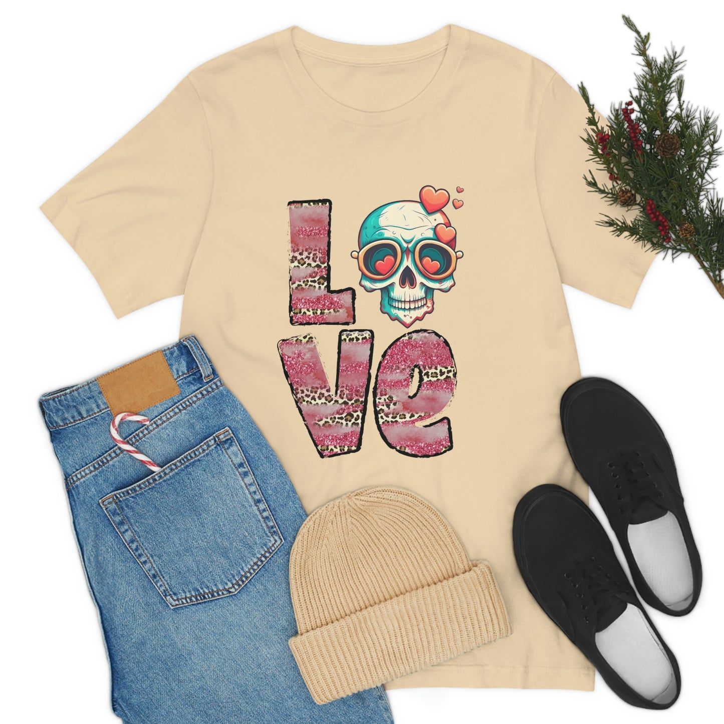 Love Valentine Skull With Red Roses Unisex Jersey Short Sleeve Tee