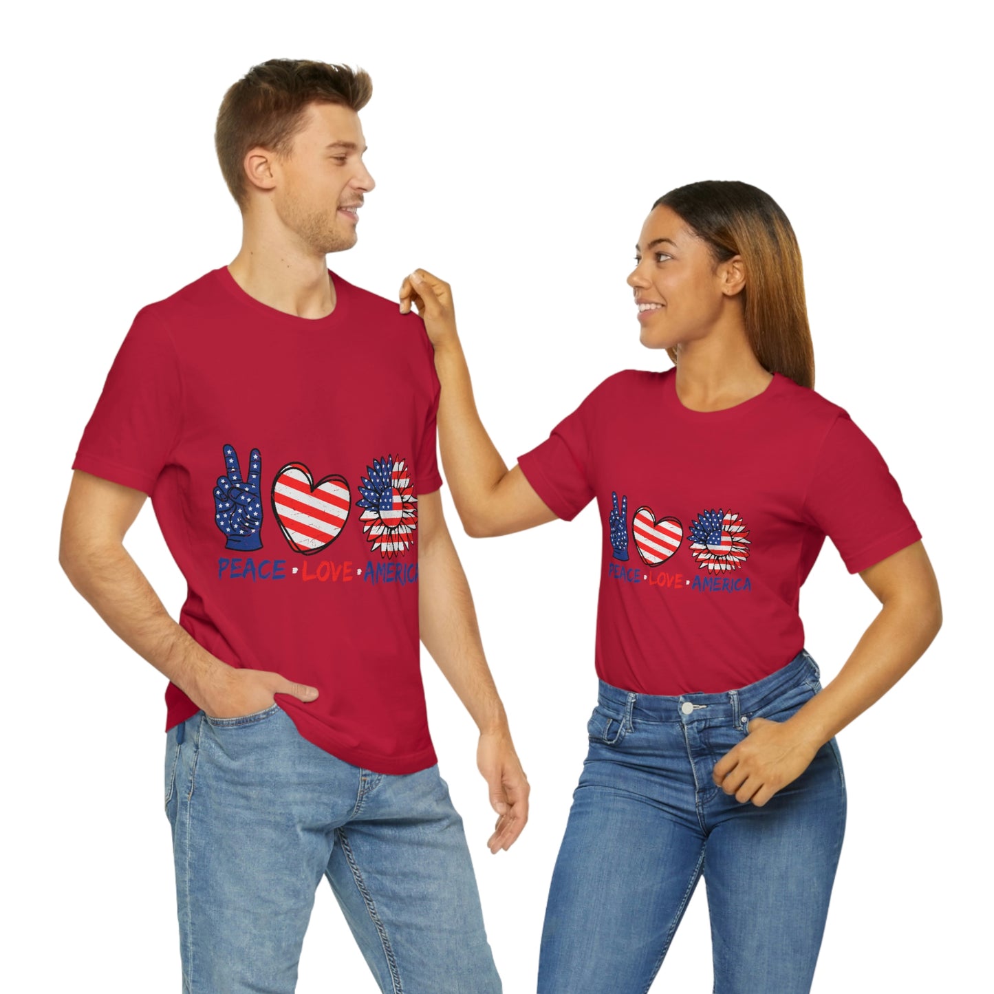 Peace Fingers , Love Heart , America Flag Design Unisex Jersey Short Sleeve Tee