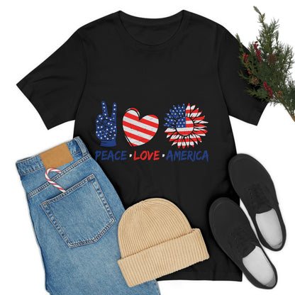 Peace Fingers , Love Heart , America Flag Design Unisex Jersey Short Sleeve Tee