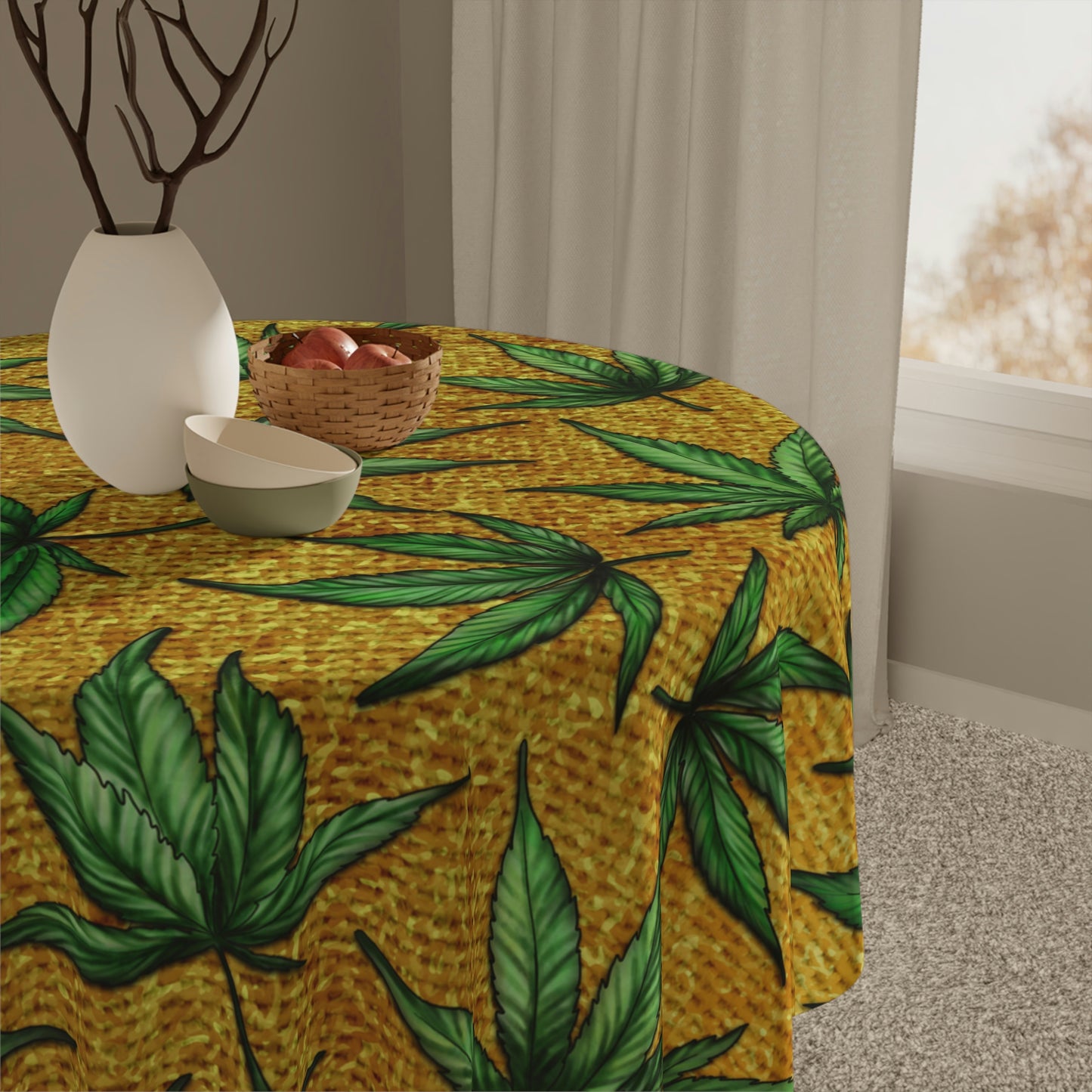 Gold And Green Marijuana Pot Weed Leaf With Gold Background 420 Tablecloth