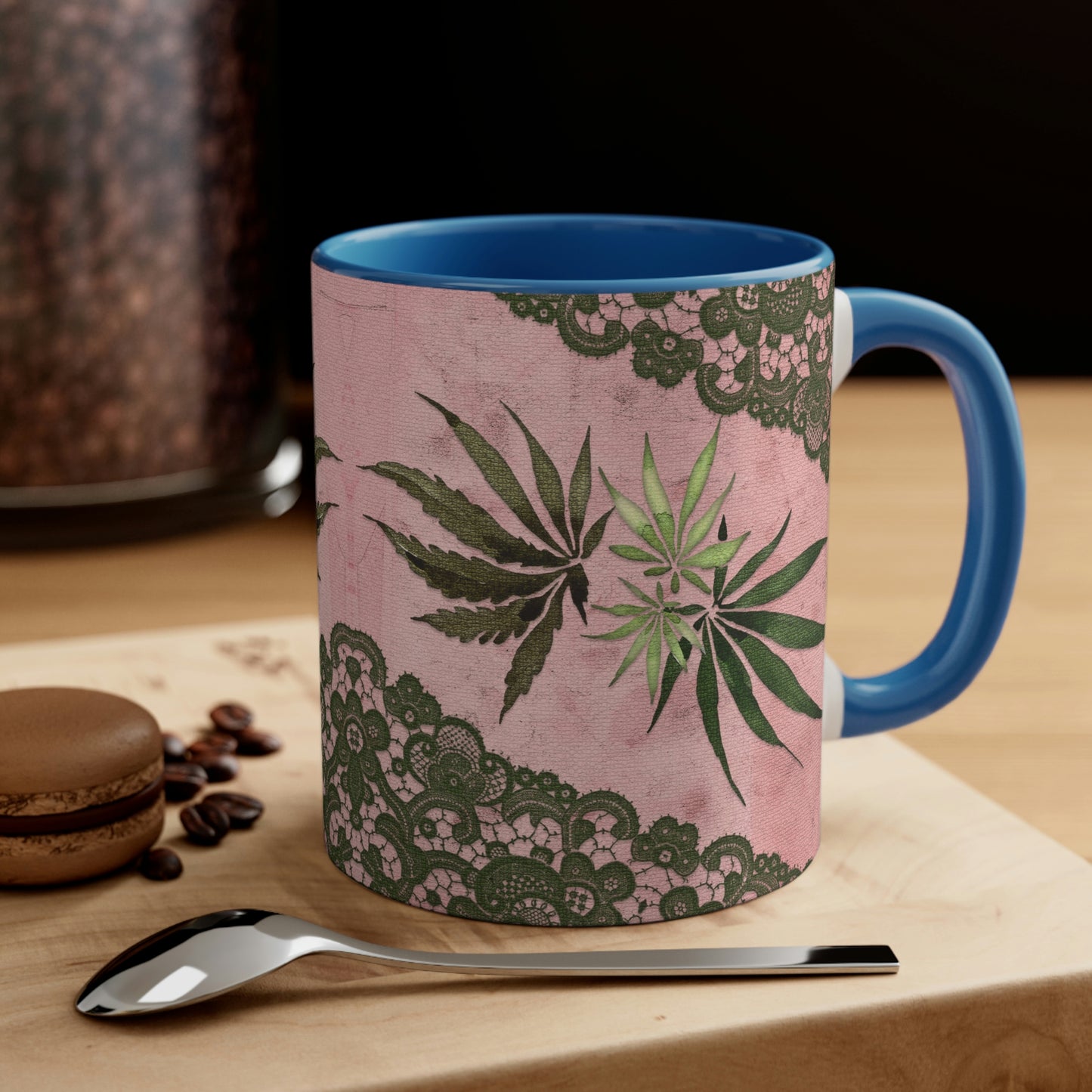 Grey Lace Gorgeous Pink Beautiful Multicolored Pot, Weed, Marijuana Leaf Accent Coffee Mug, 11oz